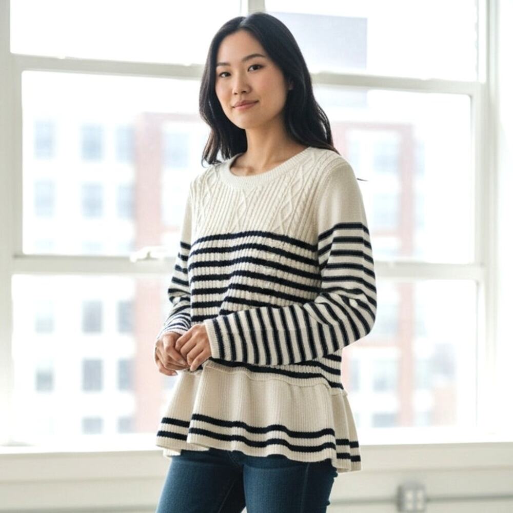 Talbots Peplum Sweater Cream Navy Blue Striped Nautical Cotton Size 1X Plus